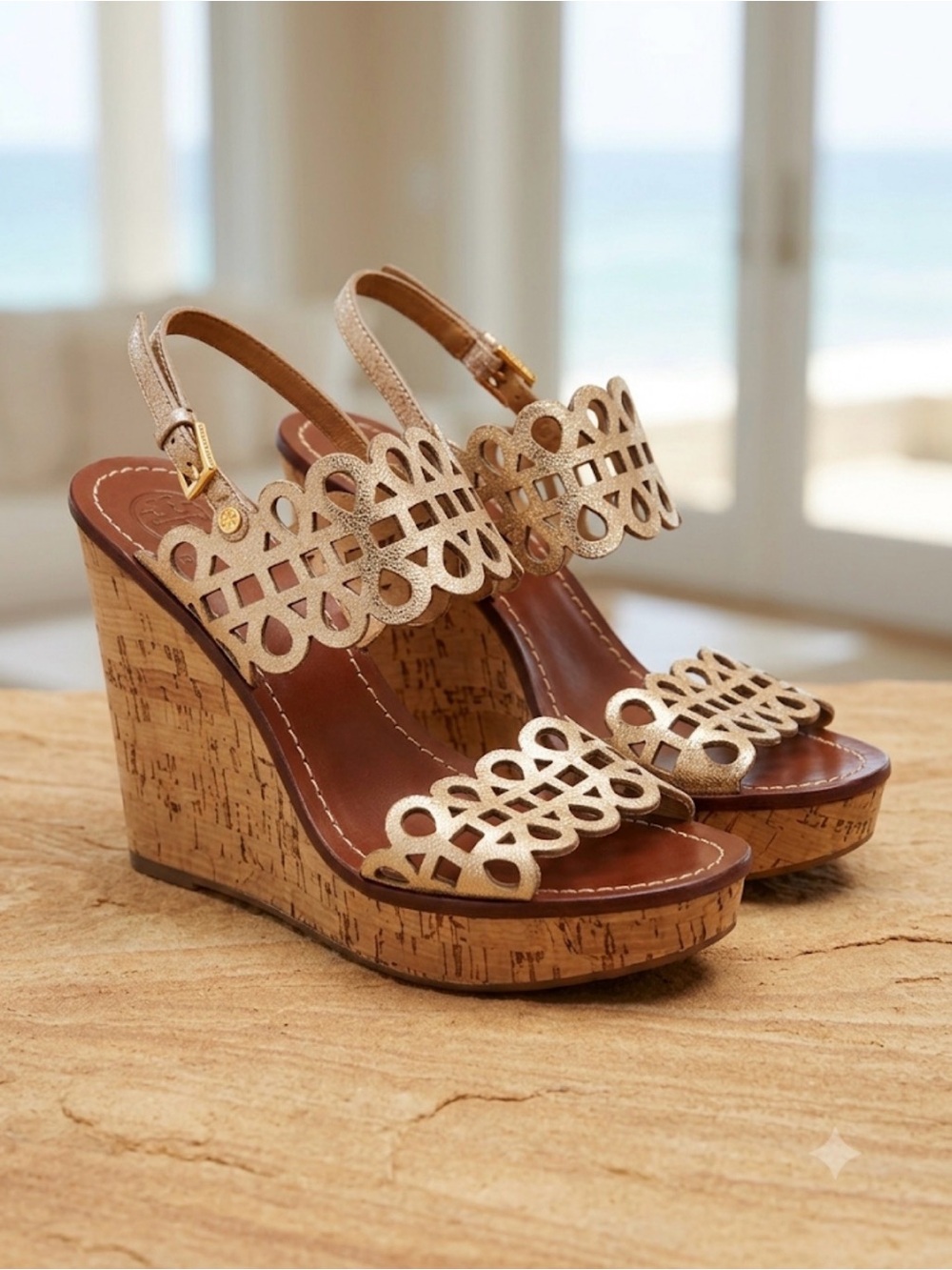 Tory Burch Nori Gold Metallic Laser Cut Cork Wedge Sandals Size 10.5 EUC